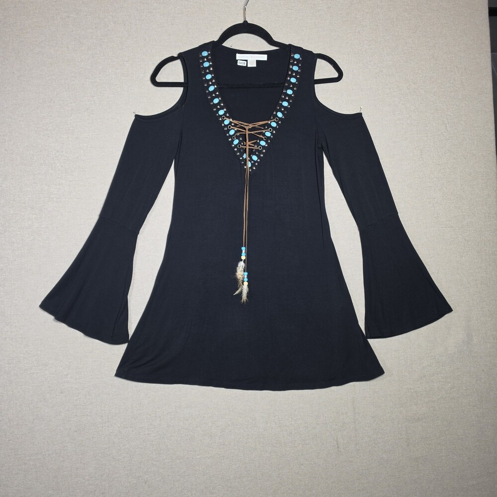 Boston Proper Cokd Shoulder Bell sleeve Tunic Sapphire Beads Ties